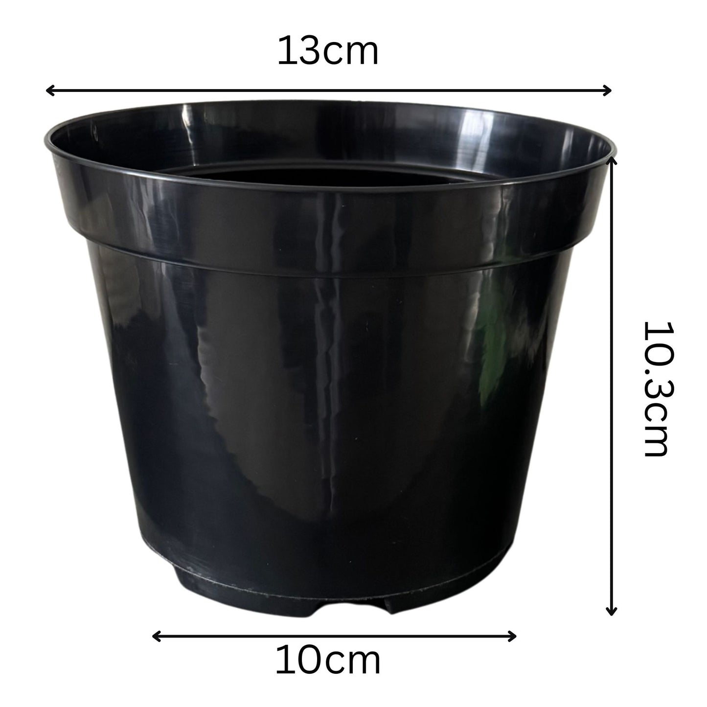 1 litre round black plastic plant pot with 13cm top width and 10cm base width
