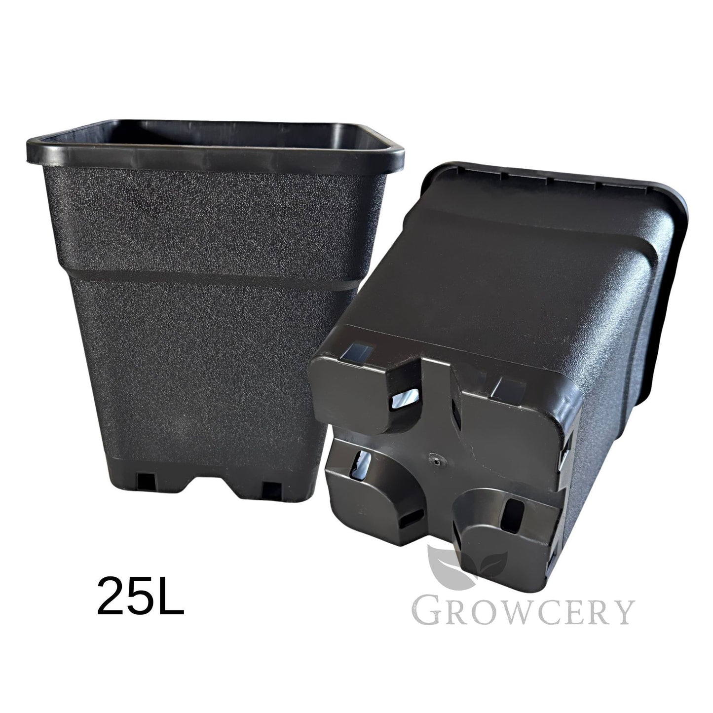 Heavy-duty black square plastic plant pots – stackable design with reinforced drainage bases, ideal for indoor or outdoor growing