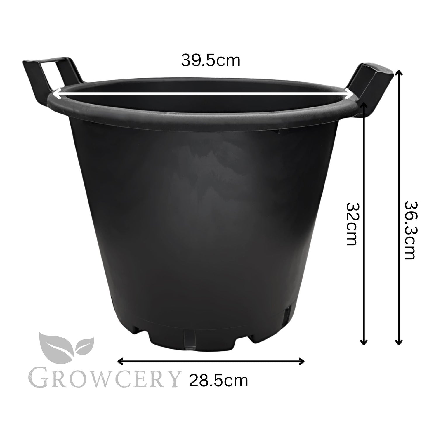 30L plastic garden pot with measurements – 39.5cm top diameter, 28.5cm base, and 36.3cm tall with ergonomic handles