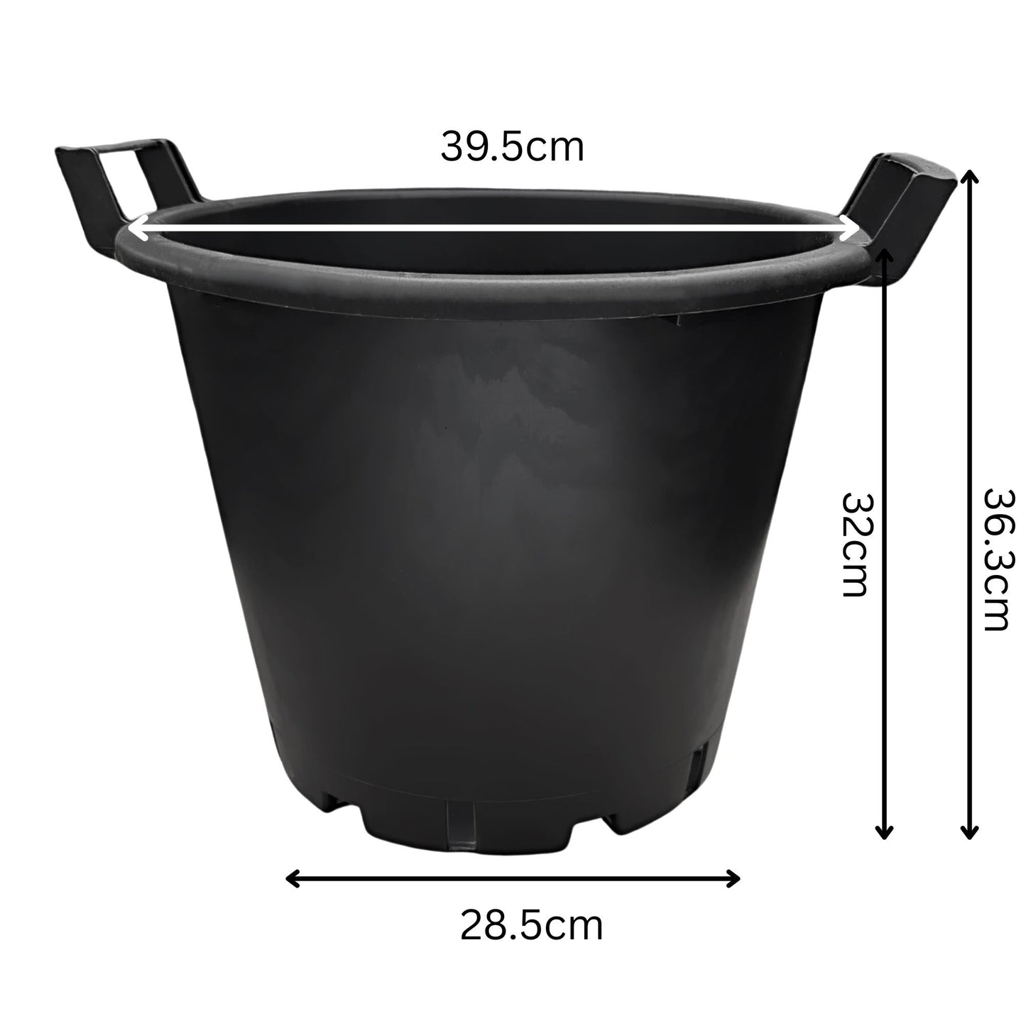 30L plastic garden pot with measurements – 39.5cm top diameter, 28.5cm base, and 36.3cm tall with ergonomic handles