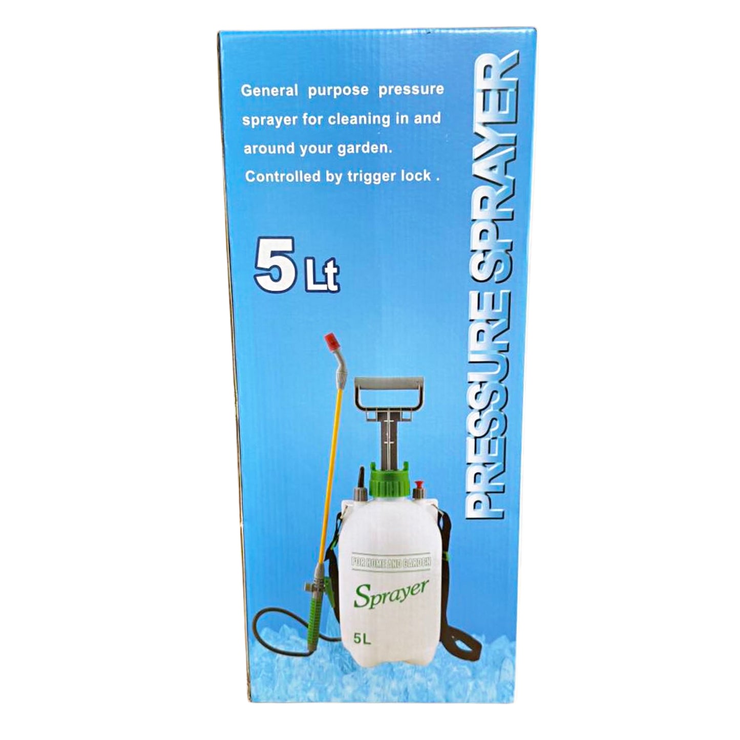 Blue retail box packaging for 5 L pressure sprayer showing product image and “PRESSURE SPRAYER” branding