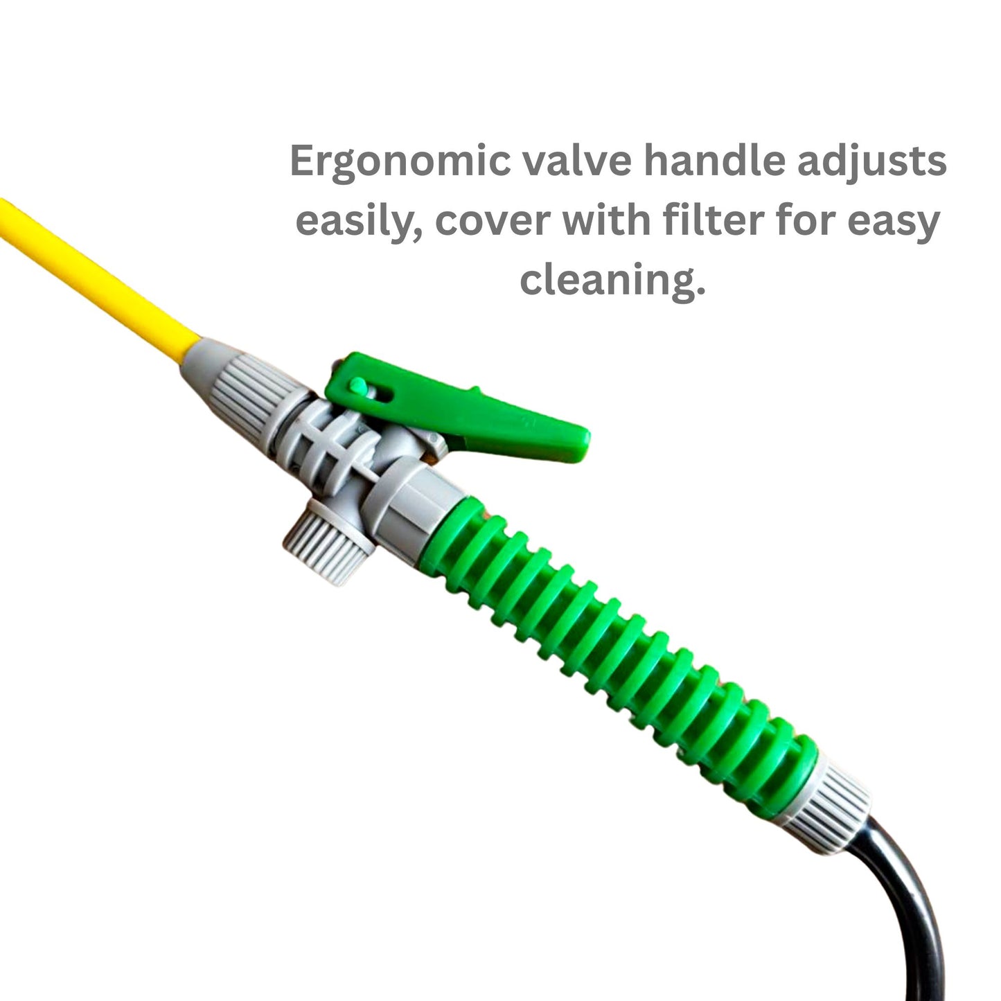 Ergonomic green valve handle and filter cover on sprayer wand for easy adjustment and cleaning