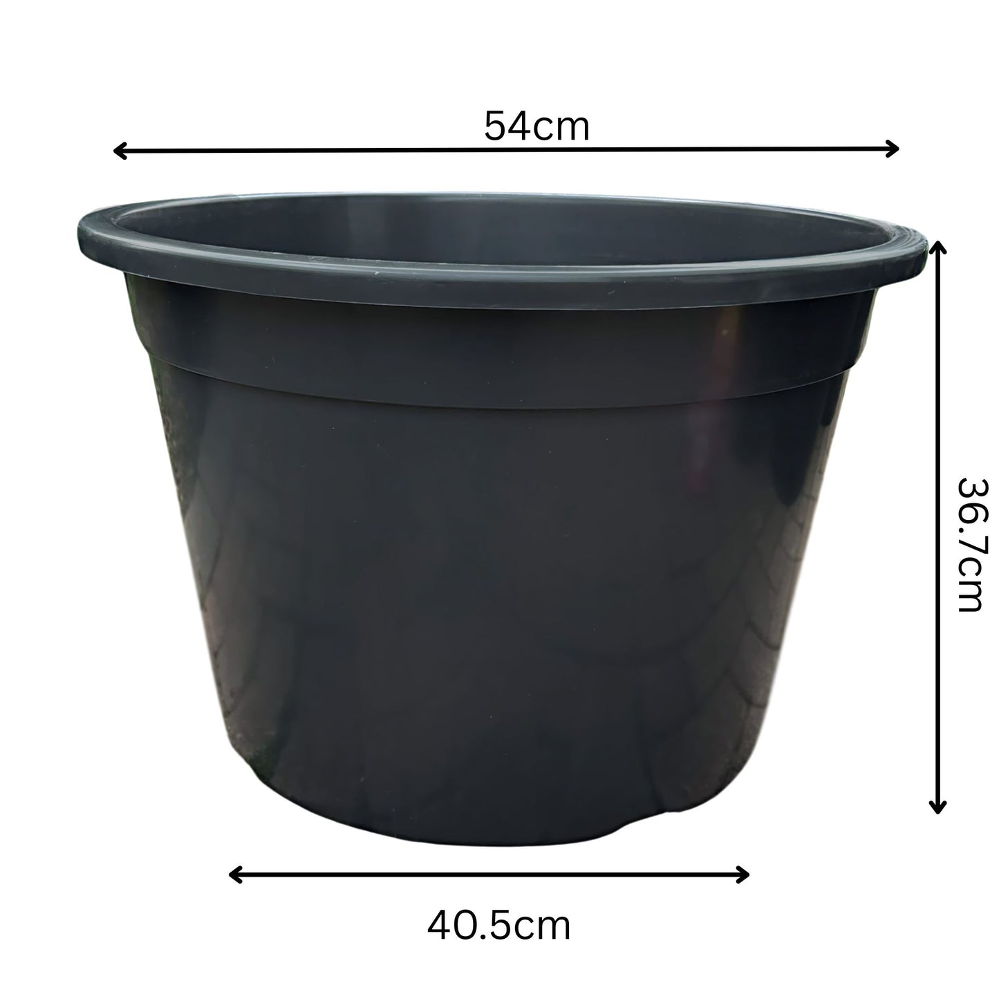 60L heavy-duty round plastic plant pot – large black container with 54cm top diameter and 36.7cm height, perfect for trees, vegetables, and large root systems
