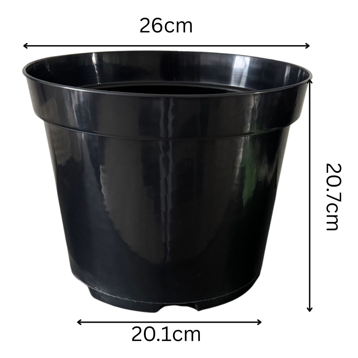 7.5 litre round plant pot in black plastic with 26cm top and 20.1cm bottom diameter