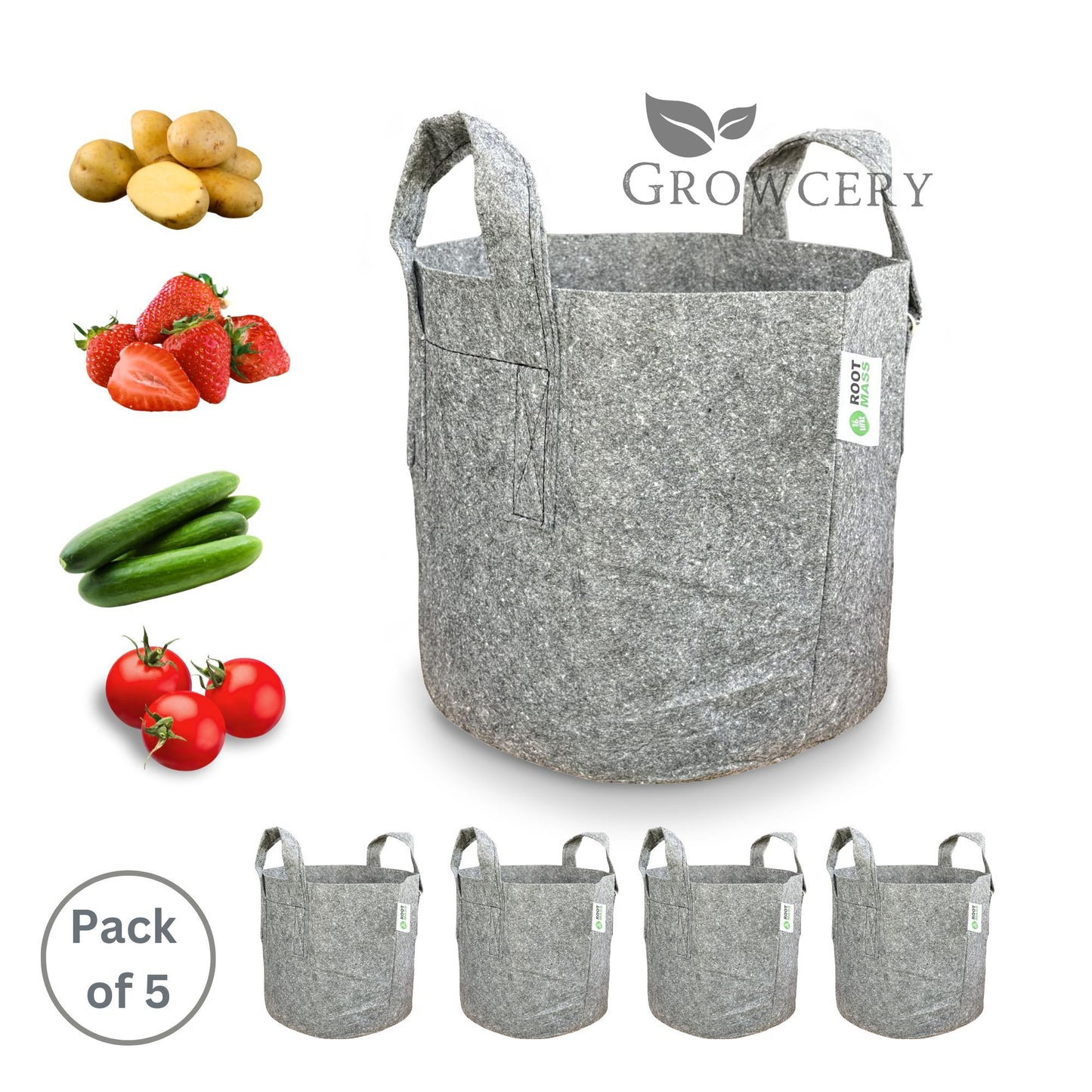 Growcery Fabric Grow Bags – Sold in Pack of 5 for Growing Tomatoes, Potatoes, Strawberries, and Cucumbers