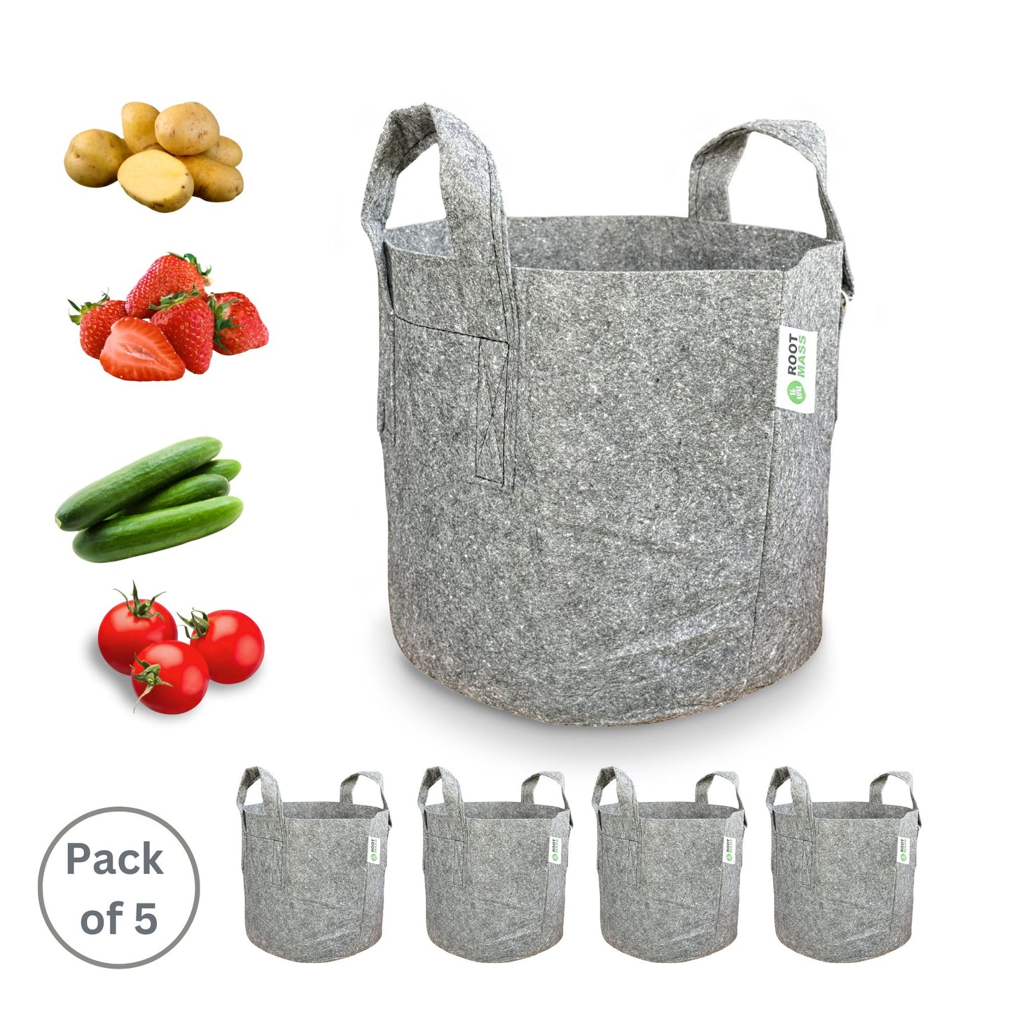 Growcery Fabric Grow Bags – Sold in Pack of 5 for Growing Tomatoes, Potatoes, Strawberries, and Cucumbers