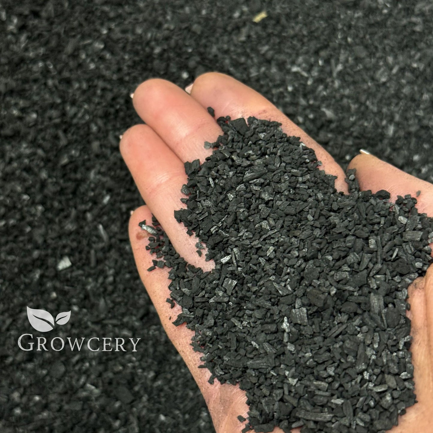 Close-up of a gardener’s hand holding Growcery Activated Biochar, a porous black soil enhancer for improved fertility and water retention.