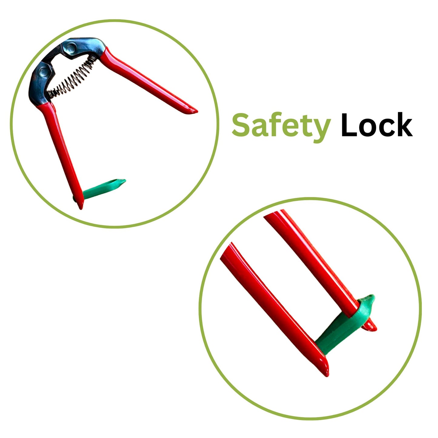 Detail view of green safety-lock catch on CHIKAMASA PST-8 pruning shears