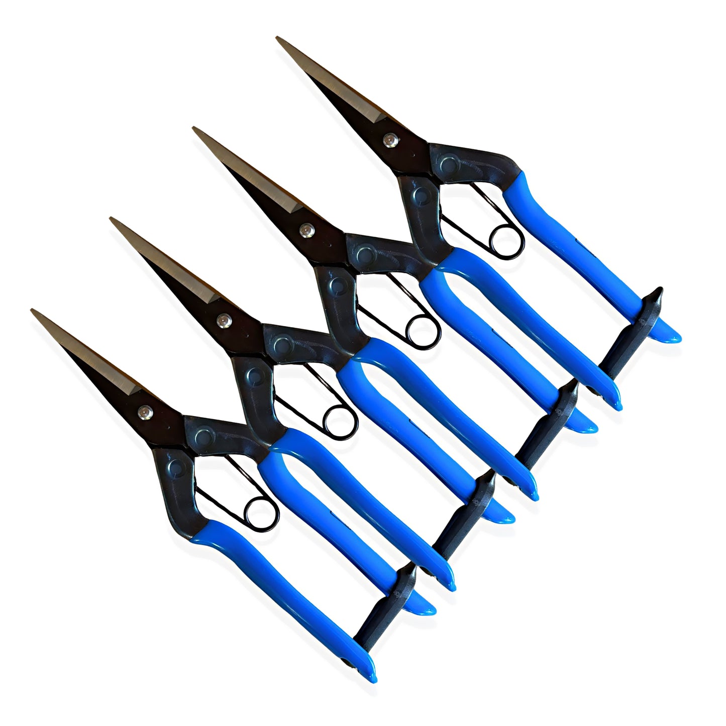 Four Chikamasa T-552 7″ trimming shears lined up showing blade and handle profile
