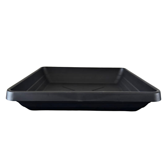 Side profile of heavy-duty square plant saucer showing depth