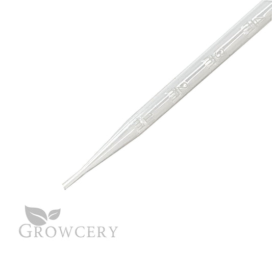 Assortment of clear disposable plastic droppers in 3 mL, 5 mL, and 10 mL sizes on white