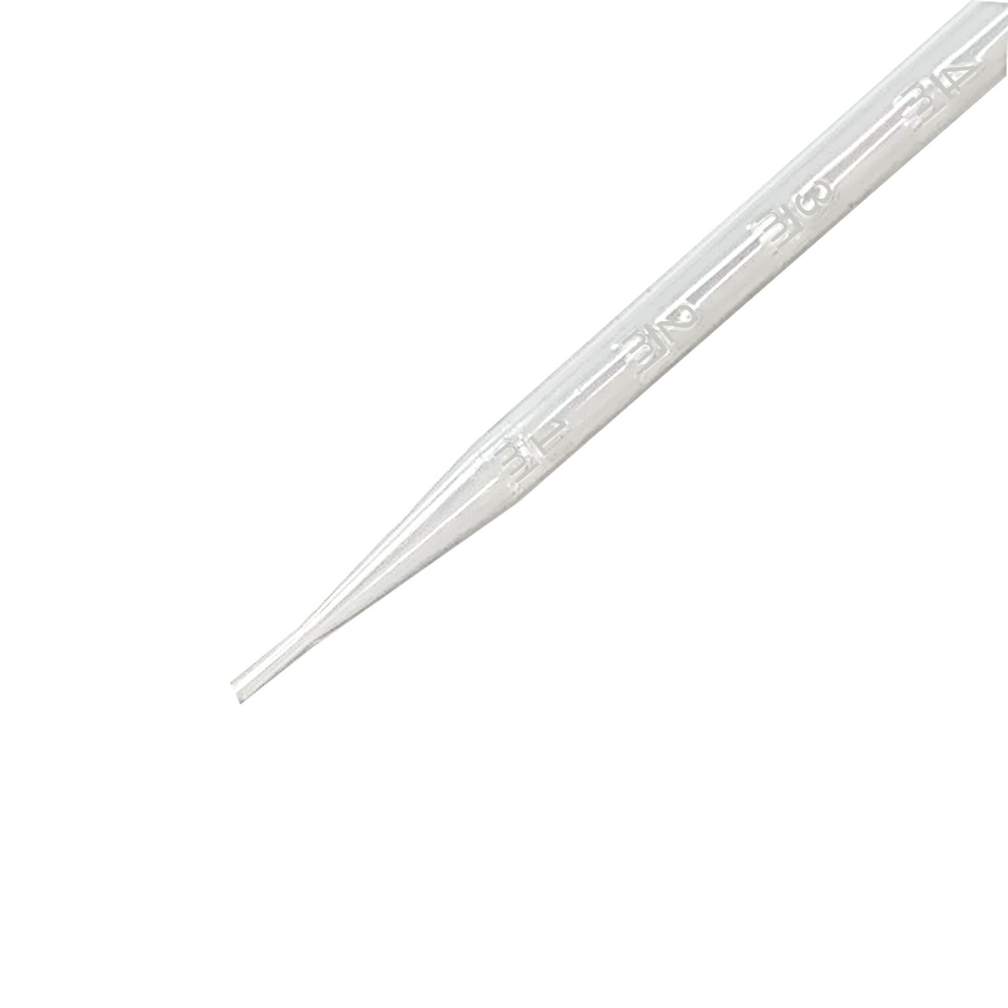 Assortment of clear disposable plastic droppers in 3 mL, 5 mL, and 10 mL sizes on white