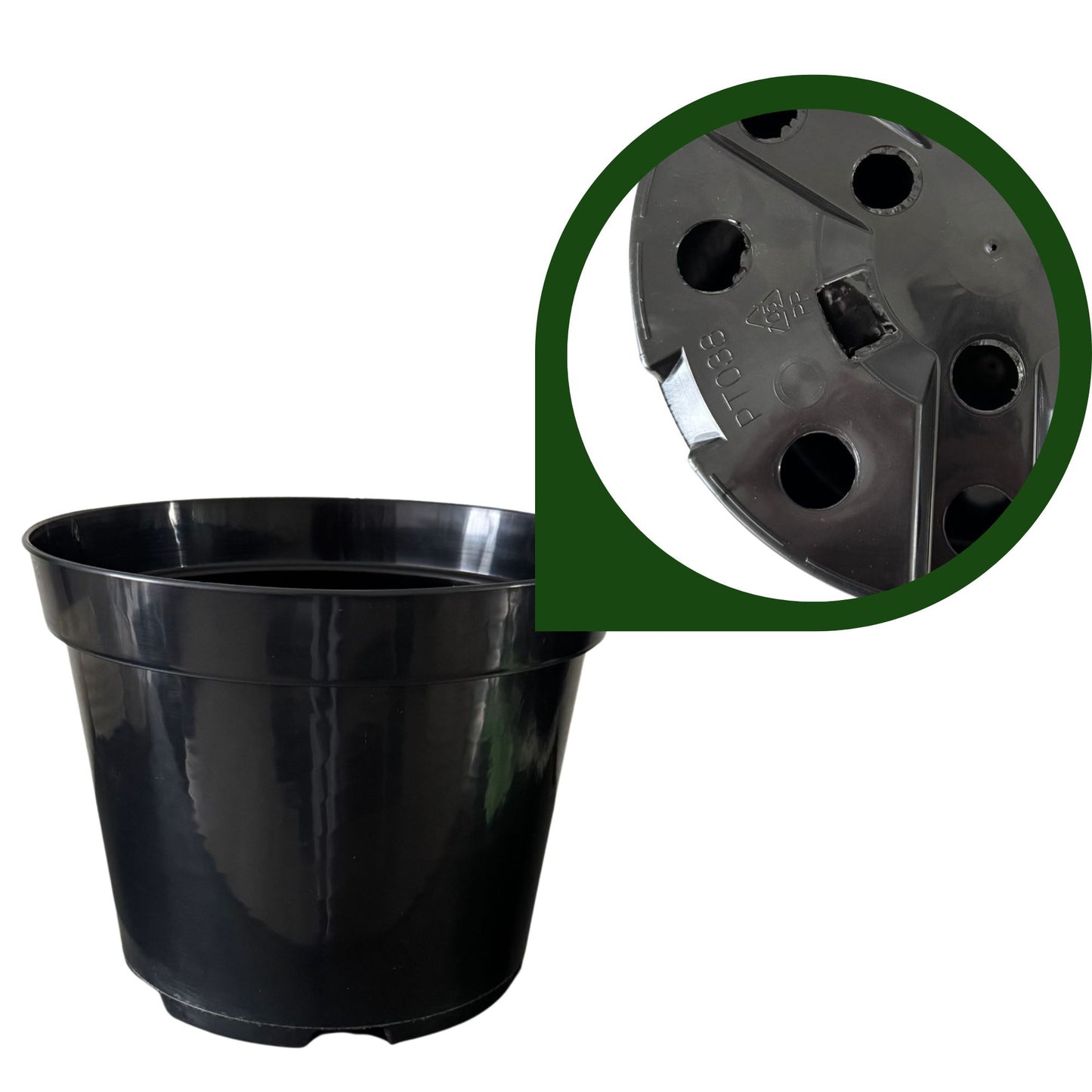 Close-up of drainage holes on base of round plastic plant container