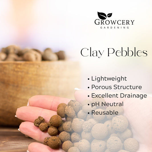 Close-up of Growcery Clay Pebbles label highlighting benefits: lightweight, excellent drainage, pH neutral, and reusable.
