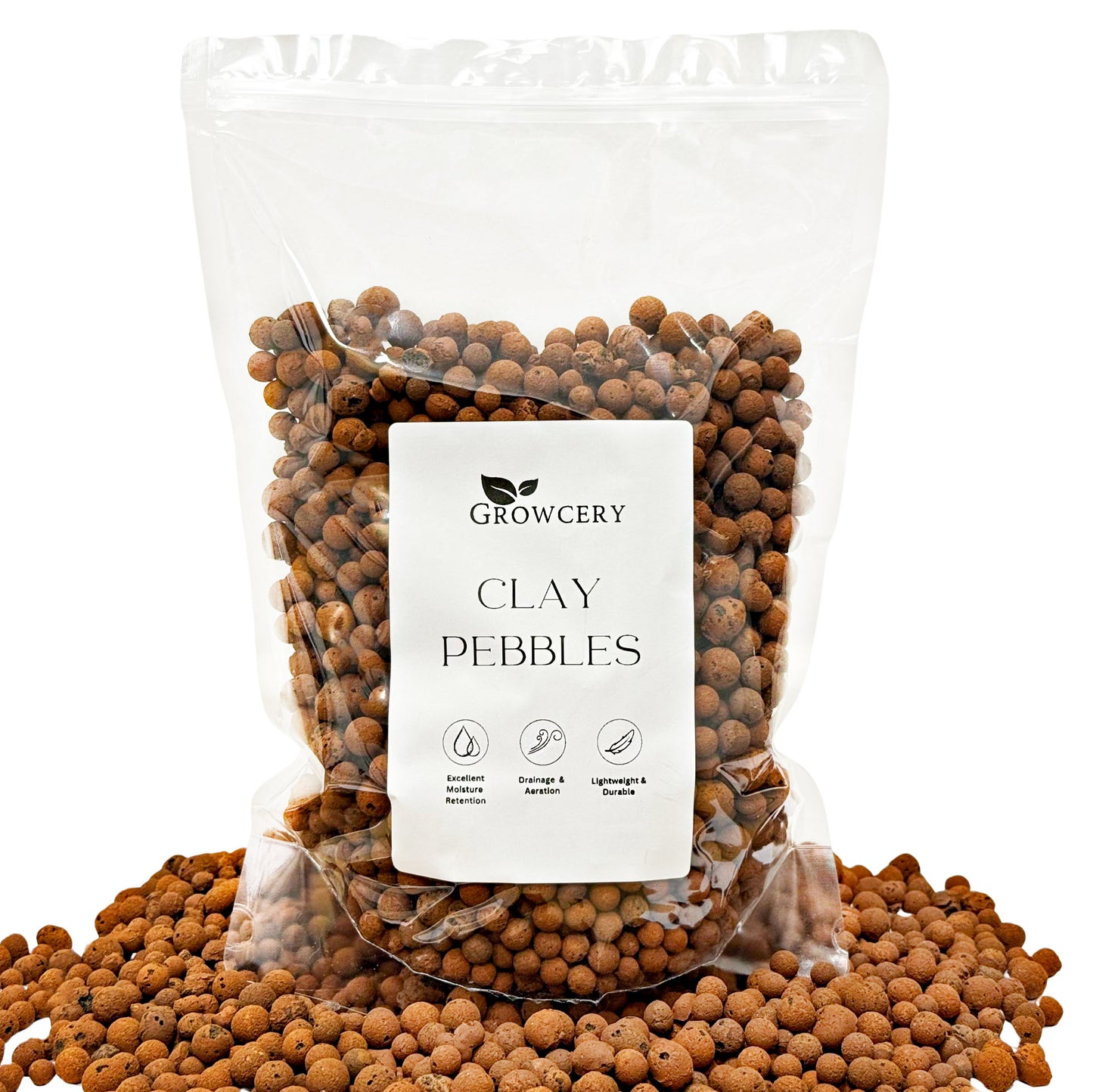 Growcery Clay Pebbles packaging β natural, porous clay balls for hydroponics and indoor plant drainage.