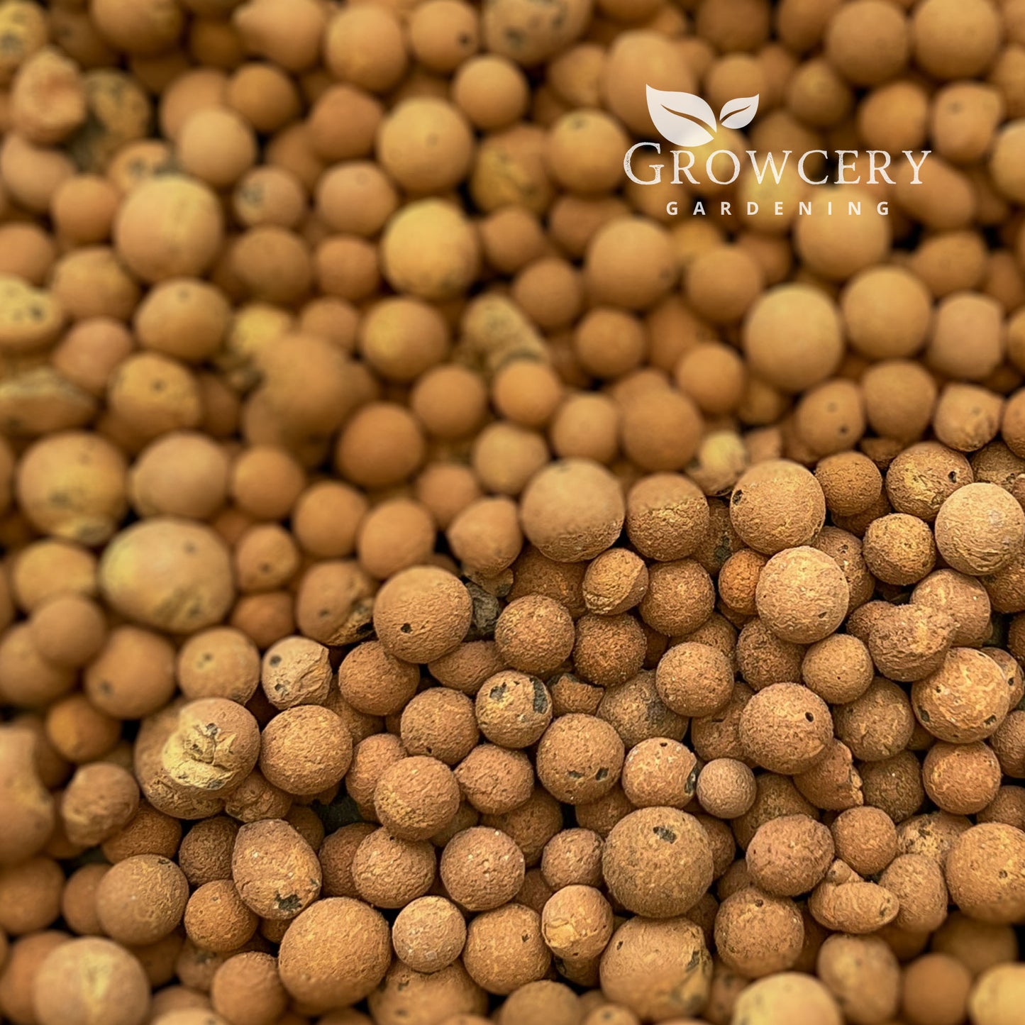 Growcery Gardening branding with natural clay pebbles for sustainable plant care.