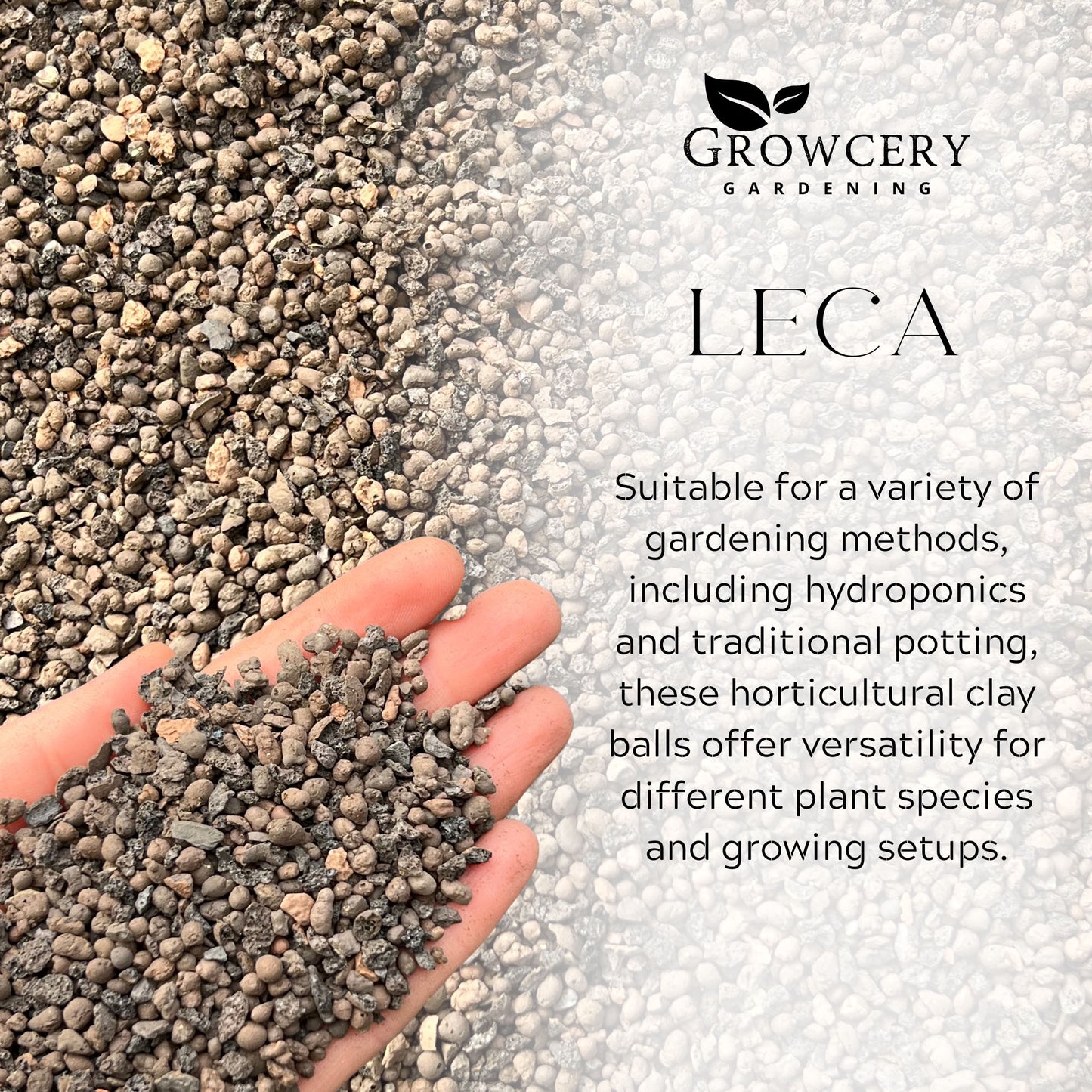 Close-up of Growcery LECA clay pebbles in hand, showing porous texture for hydroponics and traditional plant drainage.