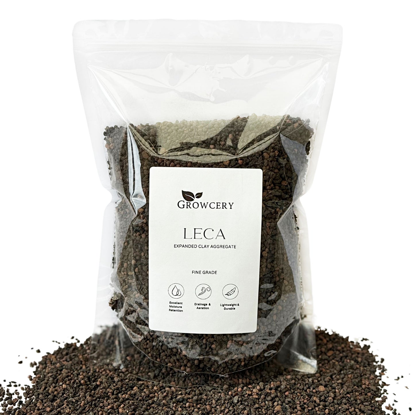 Growcery LECA (Expanded Clay Aggregate) fine grade 2-4mm pebbles for hydroponics and potting mix drainage.