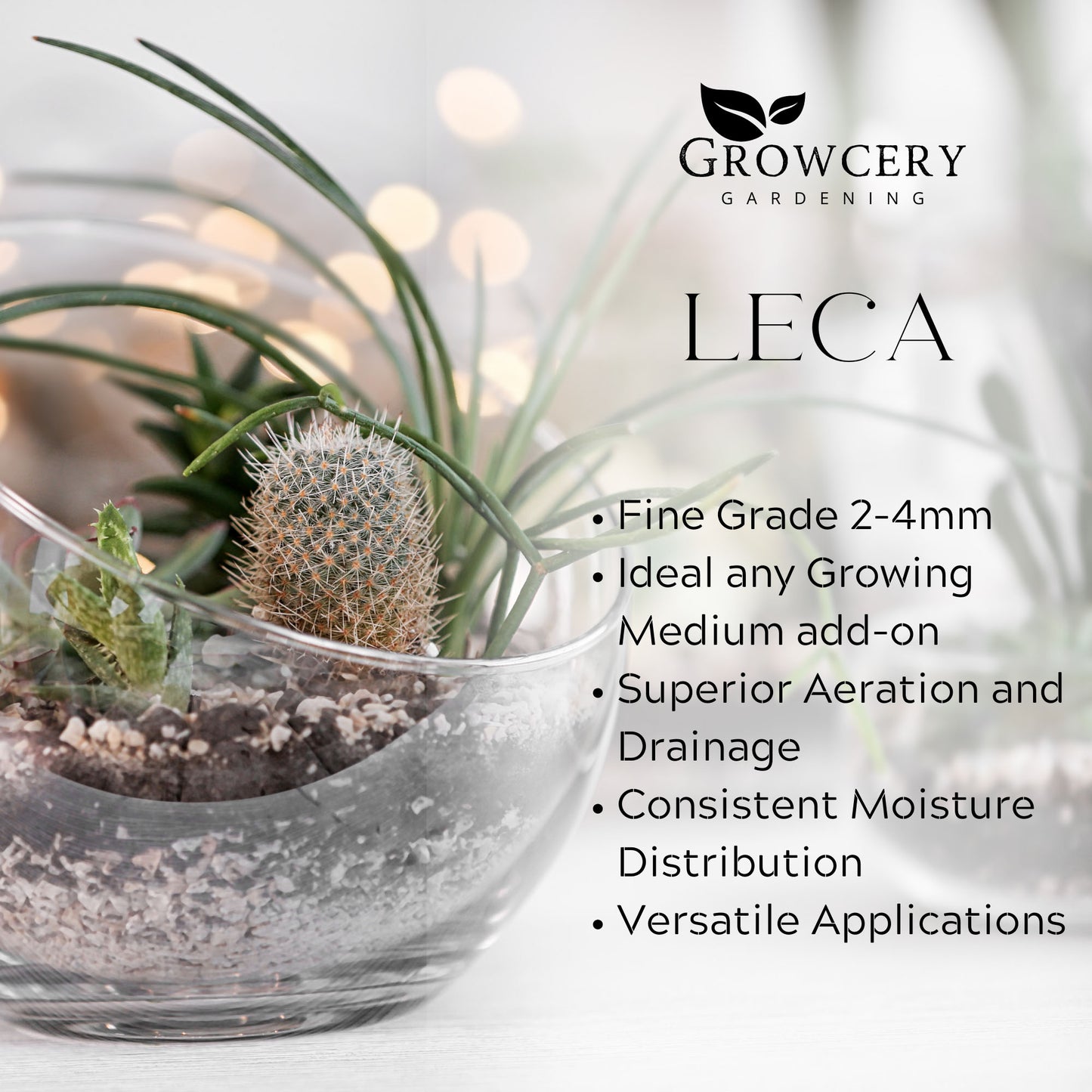 Growcery LECA packaging listing benefits: superior aeration, moisture distribution, and versatility for all growing methods.