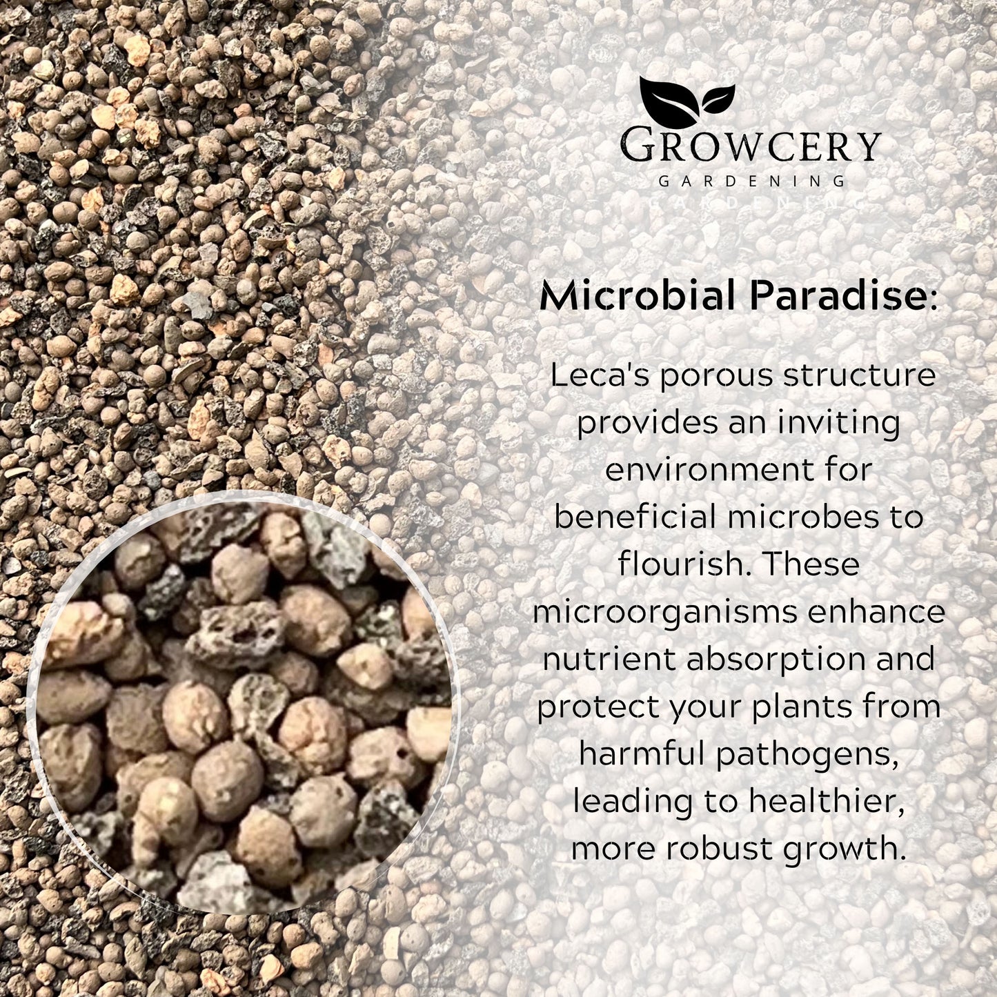 Growcery LECA label explaining how its porous structure fosters beneficial microbes for plant nutrient absorption.