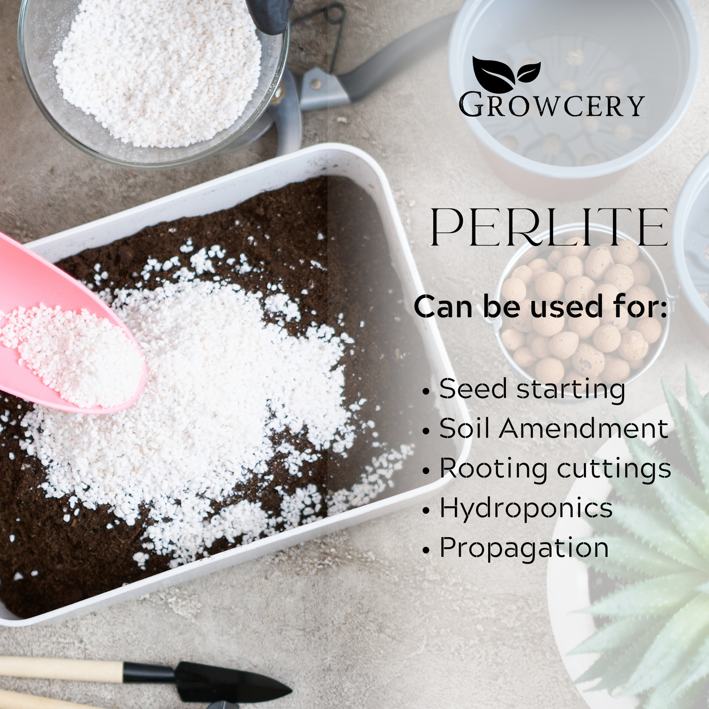 Growcery Perlite being added to soil, showing its use for seed starting, hydroponics, and soil amendment.