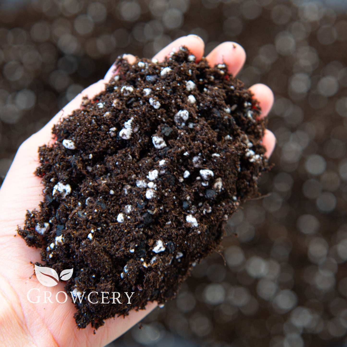 Hand holding fluffy indoor potting soil mix with biochar and perlite for houseplants and garden use