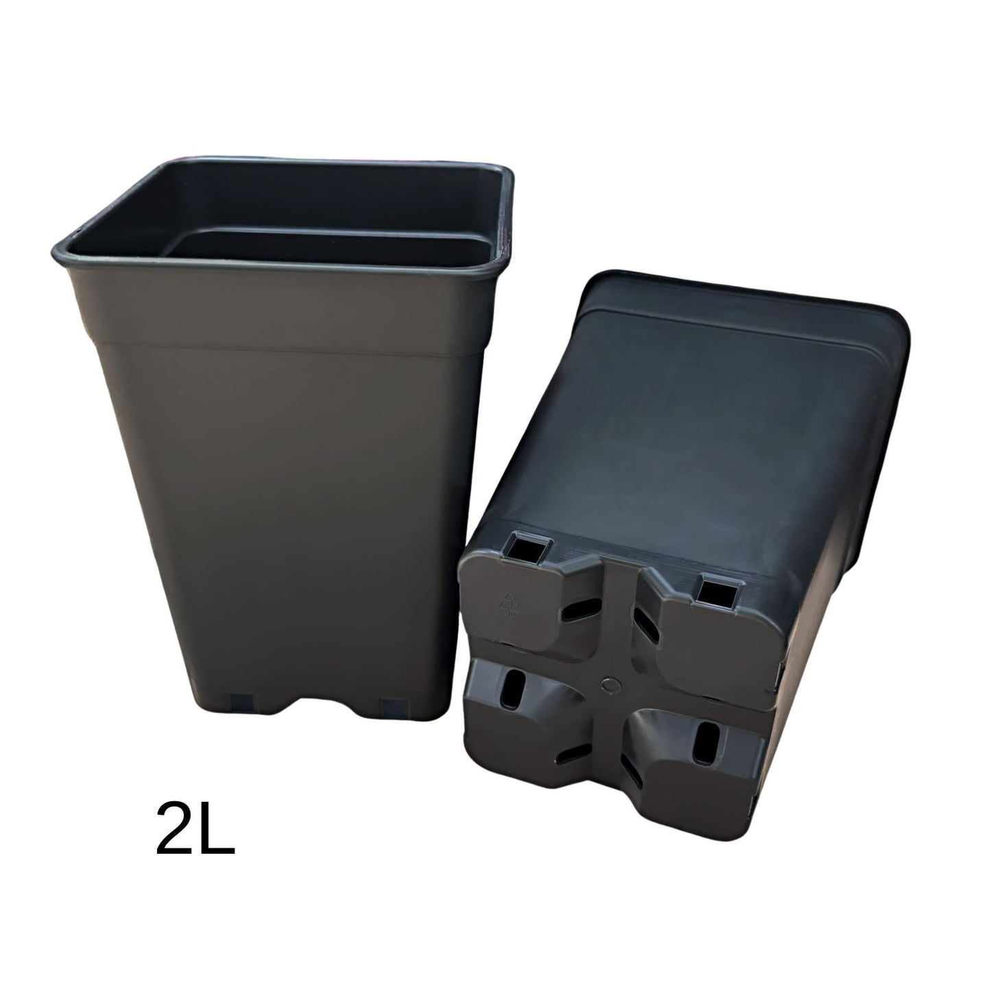 Heavy-duty black square 2 L plastic plant pot with reinforced corners and drainage vents at base