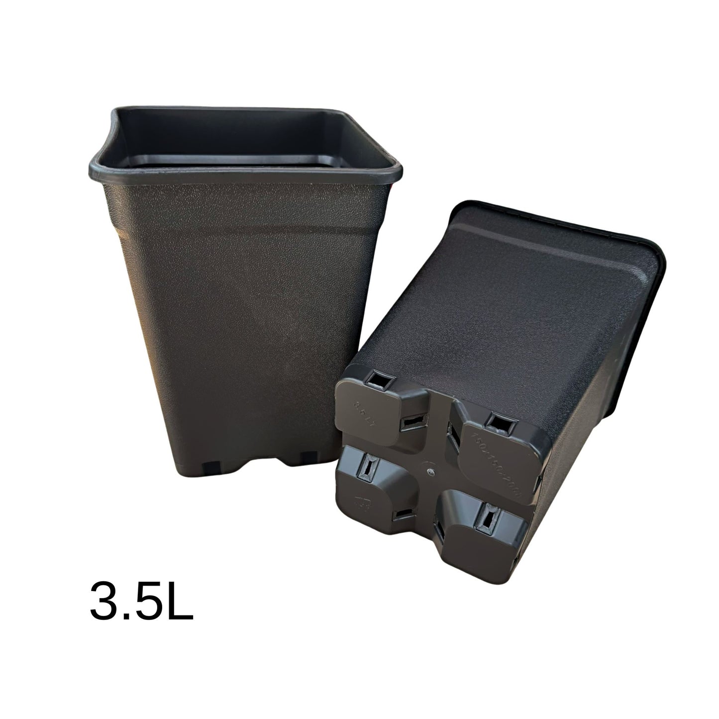 Heavy-duty black square 3.5 L plastic nursery pot, sturdy design with built-in drip tray vents