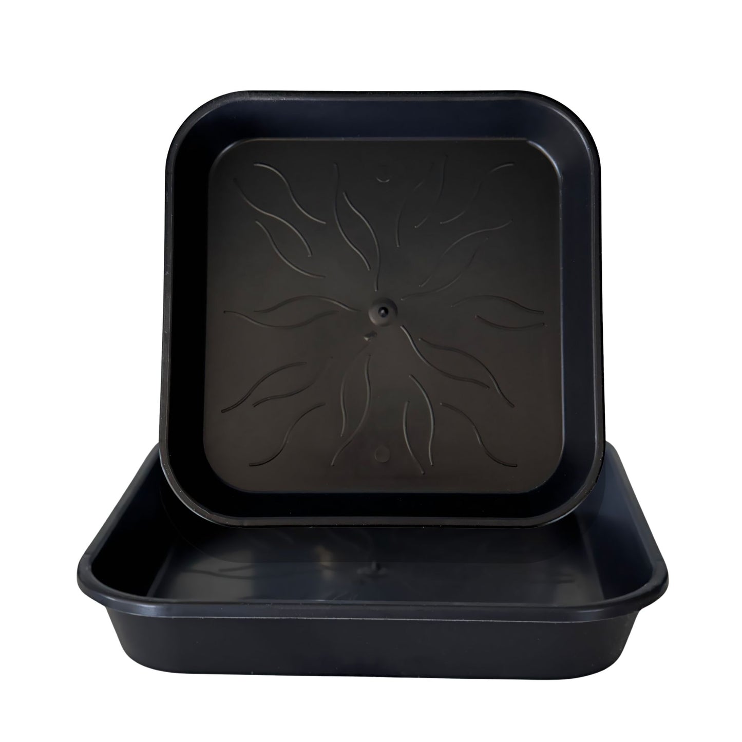 Heavy-duty plastic plant saucers – stackable square trays with leaf-patterned base for improved drainage and stability
