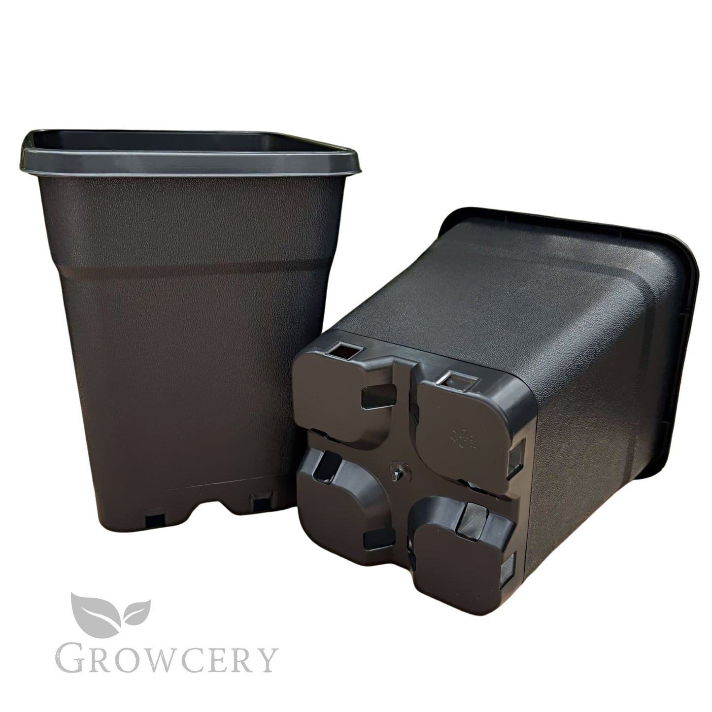 Heavy-duty black square plastic plant pots – stackable design with reinforced drainage bases, ideal for indoor or outdoor growing