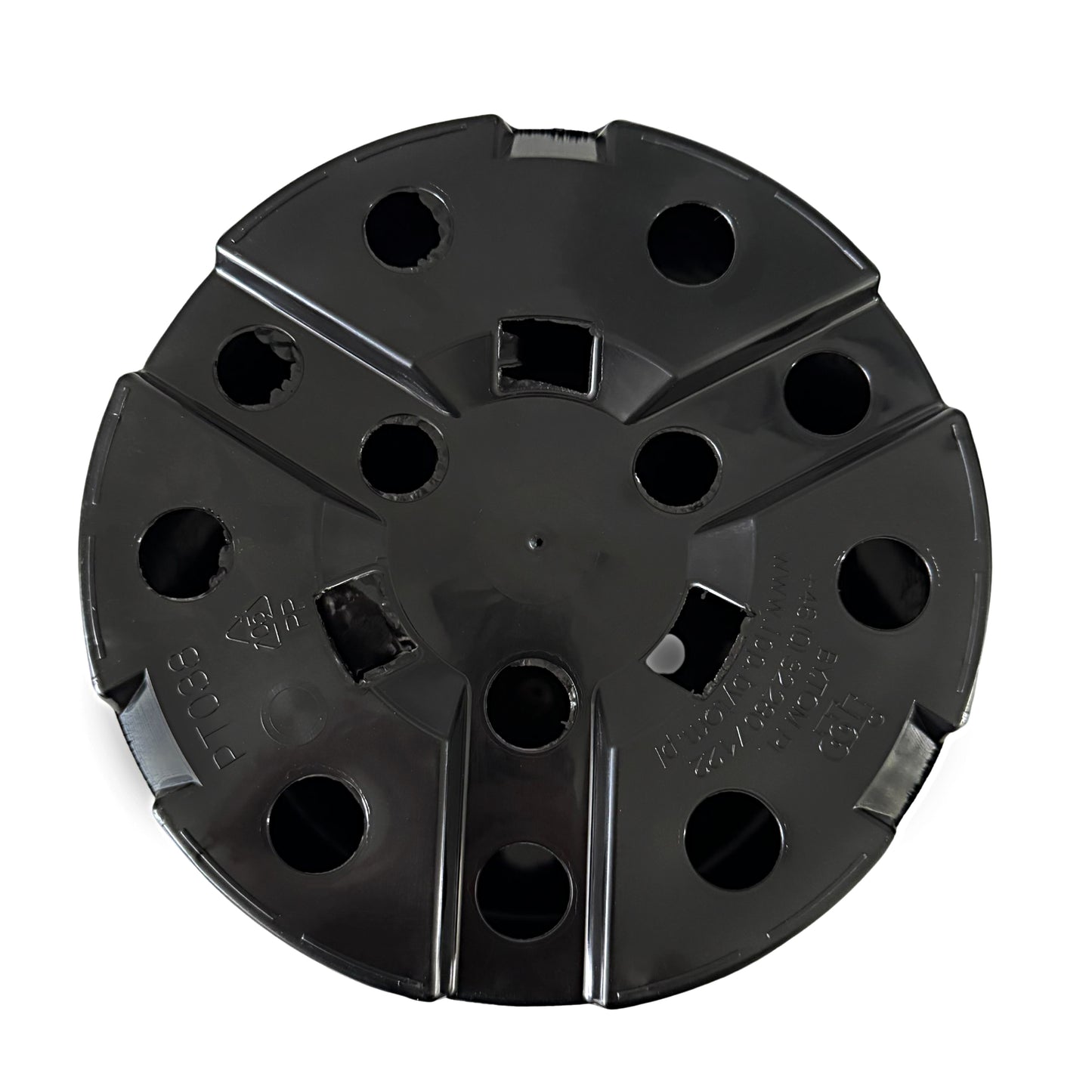 Bottom view of round plant pot showing drainage design and recycled plastic symbol
