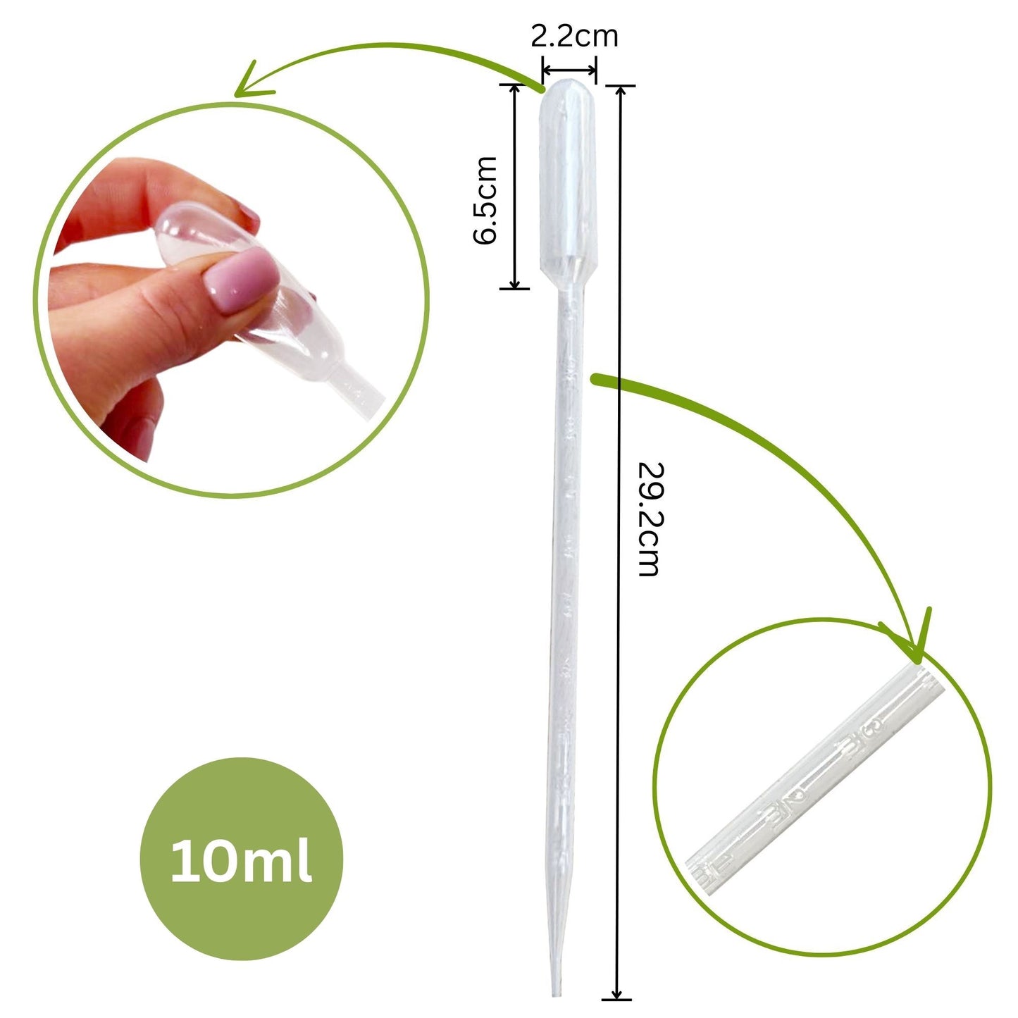 Single 10 mL plastic dropper with length dimensions and volume graduations
