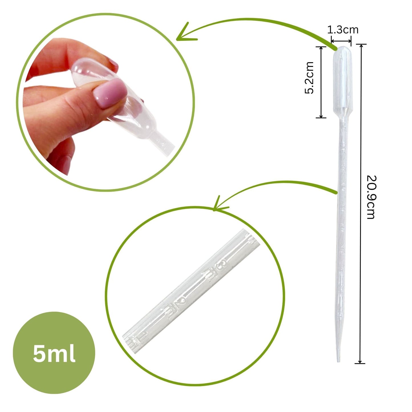 Single 5 mL plastic dropper showing bulb size and graduated scale