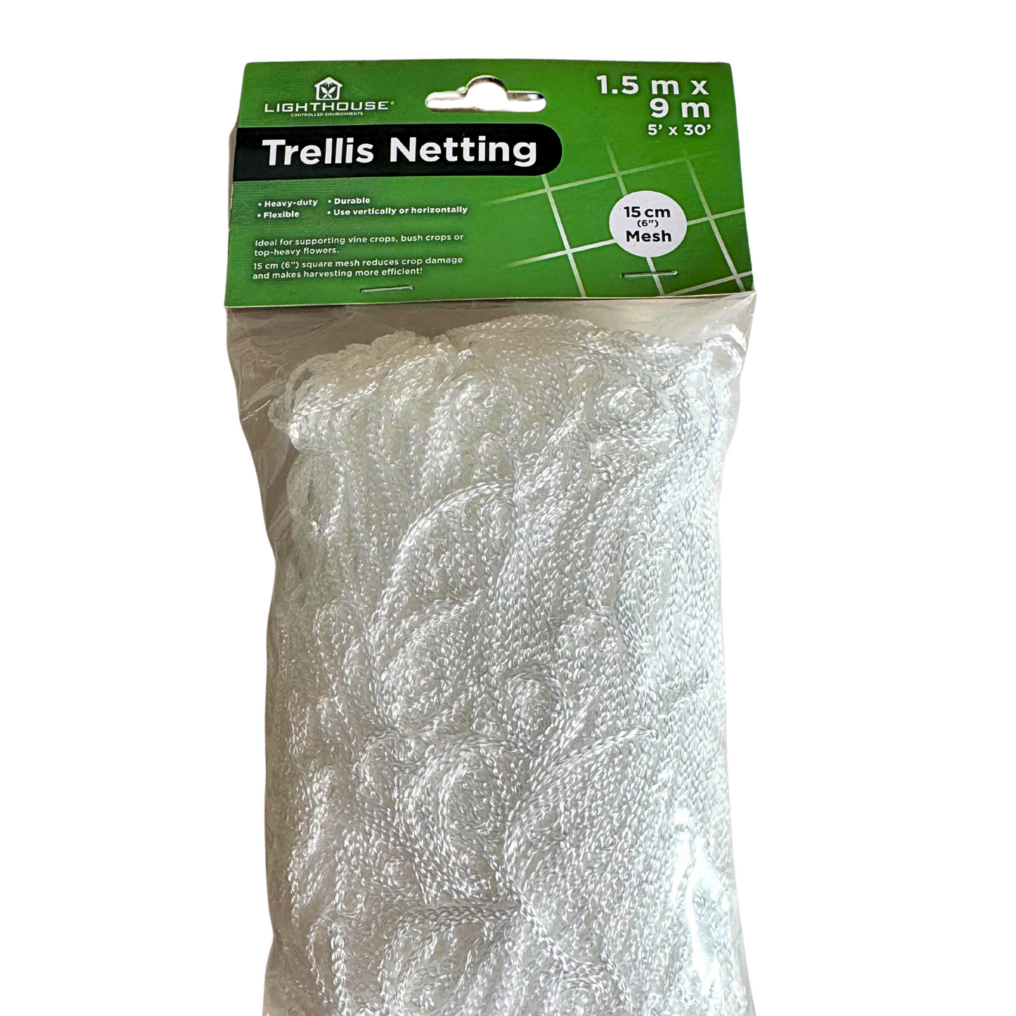 Trellis netting 1.5m x 9m with 15cm mesh for supporting climbing plants and crops