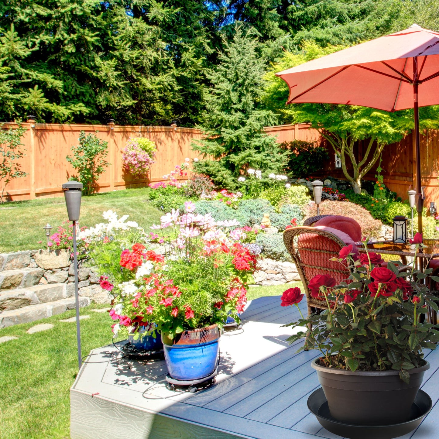 40 cm heavy-duty round saucer beneath potted flowers on sunny garden deck