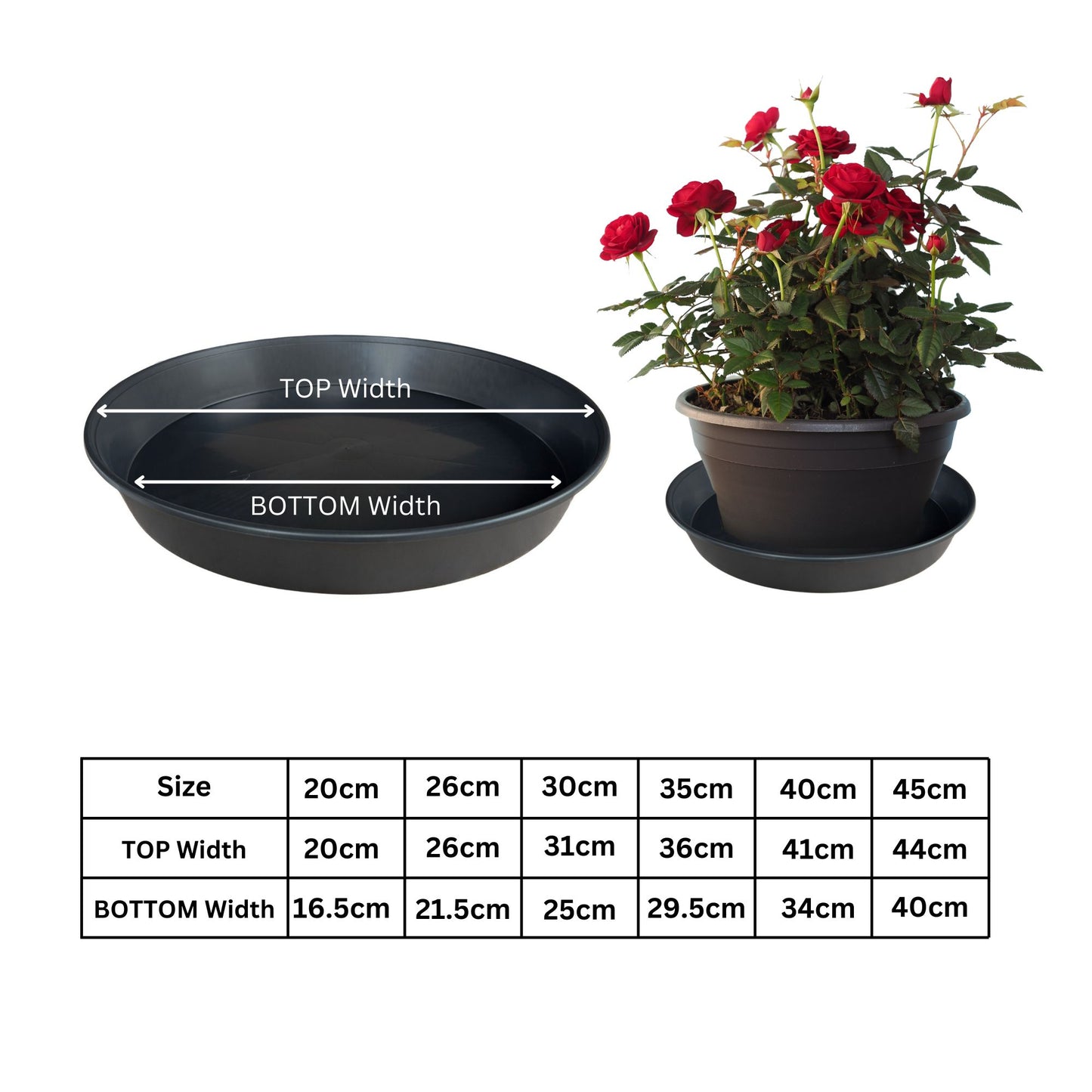 Size chart graphic showing top and bottom diameters for 20, 26, 30, 35, 40, and 45 cm saucers