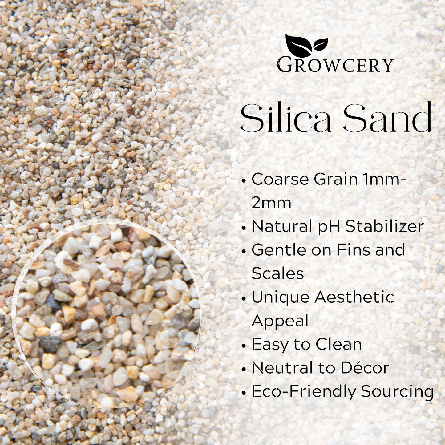 Silica sand background with overlay text listing coarse grain, pH stabilization, eco sourcing