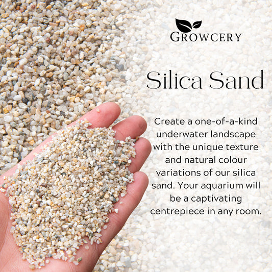 Hand holding a handful of 1–2 mm coarse silica sand