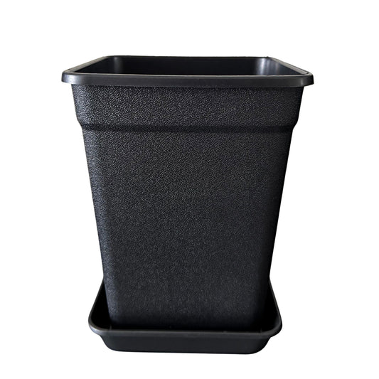 Square plastic pot inserted into black saucer