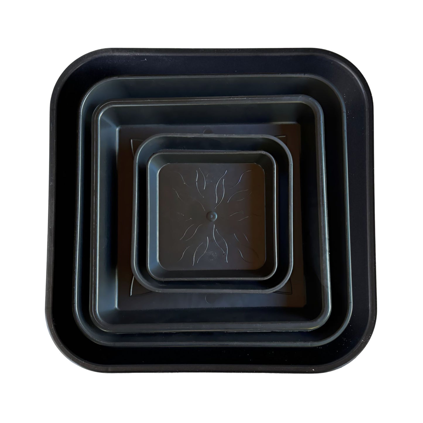 Set of heavy-duty square plant saucers – stackable black plastic trays in multiple sizes from 14cm to 34cm