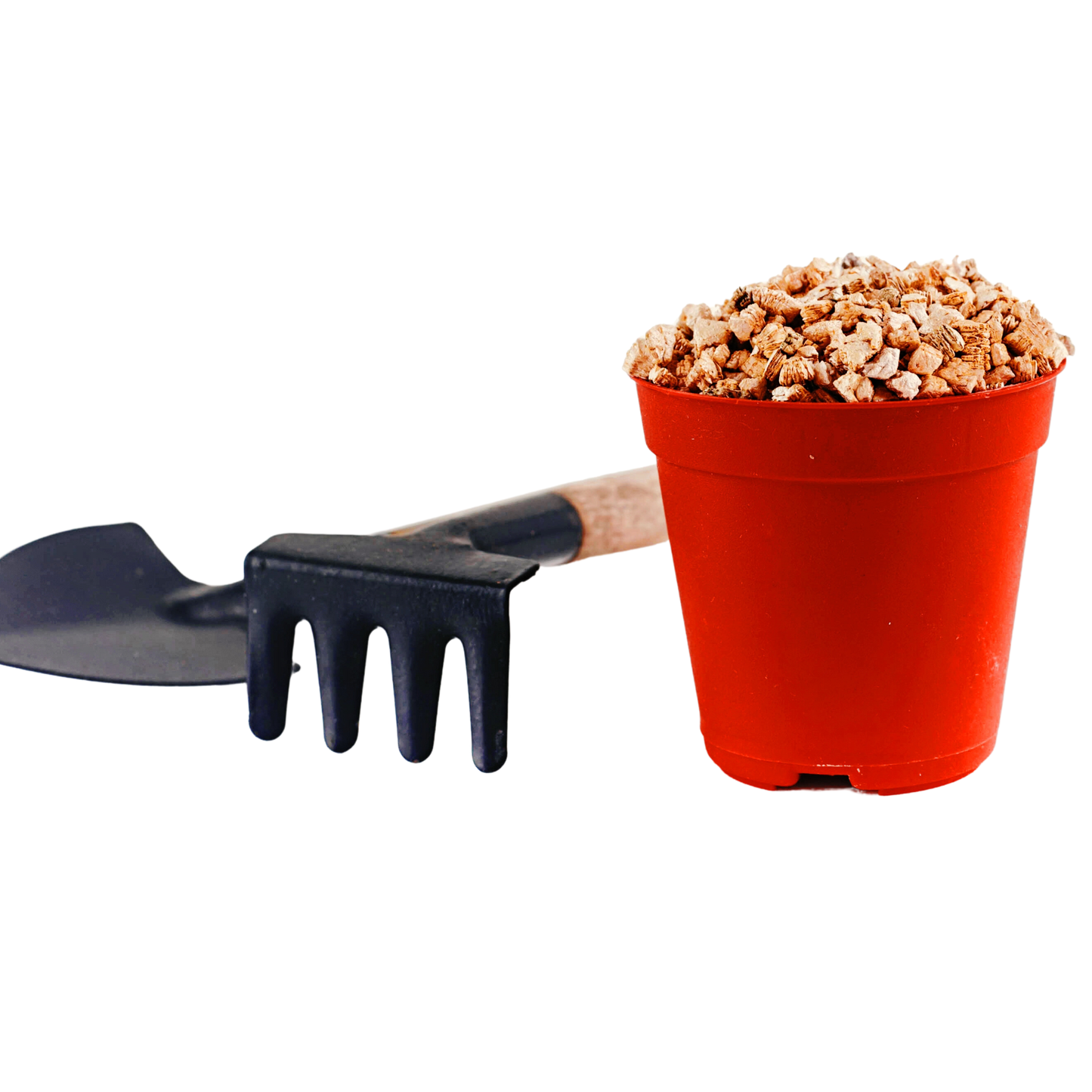 Coarse vermiculite in a small red plant pot with mini gardening tools, used in plant compost
