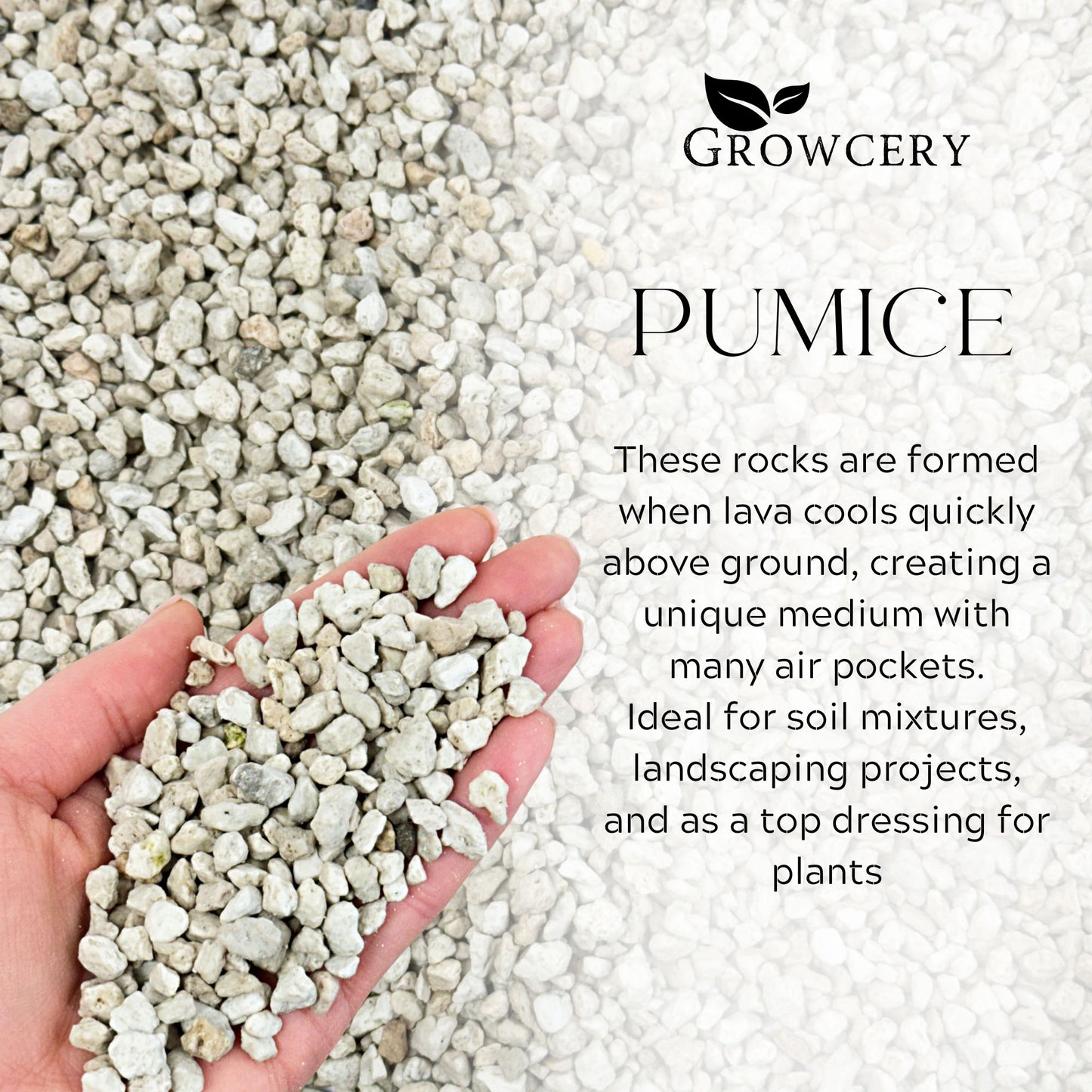Hand holding 3–8 mm volcanic pumice with usage tips overlay