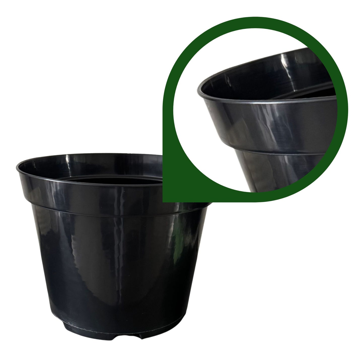 Zoomed-in view of rolled rim on durable black plant pot