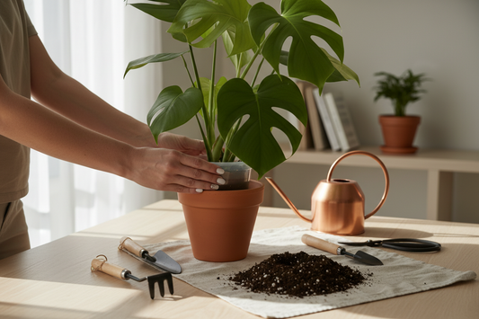 Person learning how to repot houseplants with a Monstera plant in a terracotta pot on a wooden table.