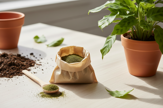 Seaweed powder benefits for plants displayed with potted plants and soil, showcasing its use in gardening.
