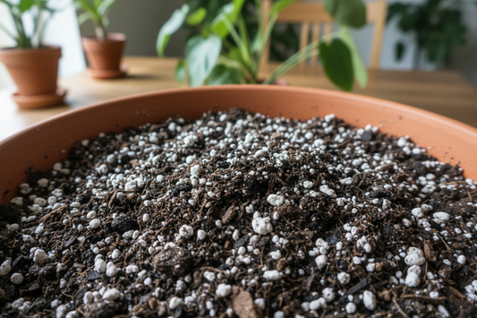 Close-up of potting mix with perlite, illustrating what does perlite do in potting mix.