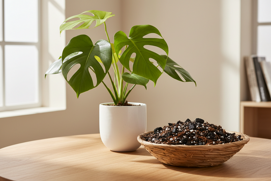 Monstera plant beside a basket of biochar, illustrating biochar benefits for houseplants.
