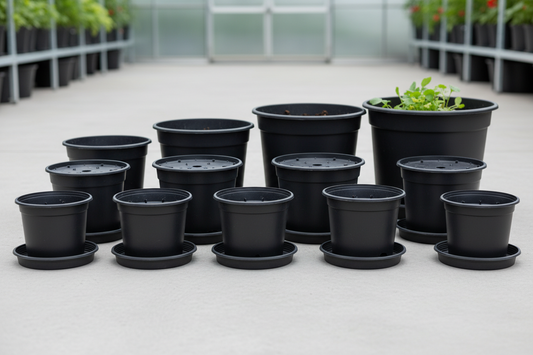 Best pot sizes for repotting indoor plants displayed in various black pots on a table.