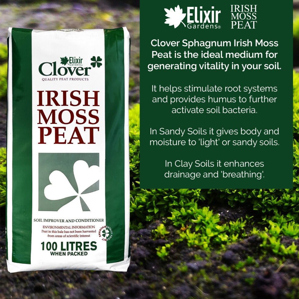 Elixir Gardens Clover Irish Sphagnum Moss Peat Soil Improver - 100L Bag