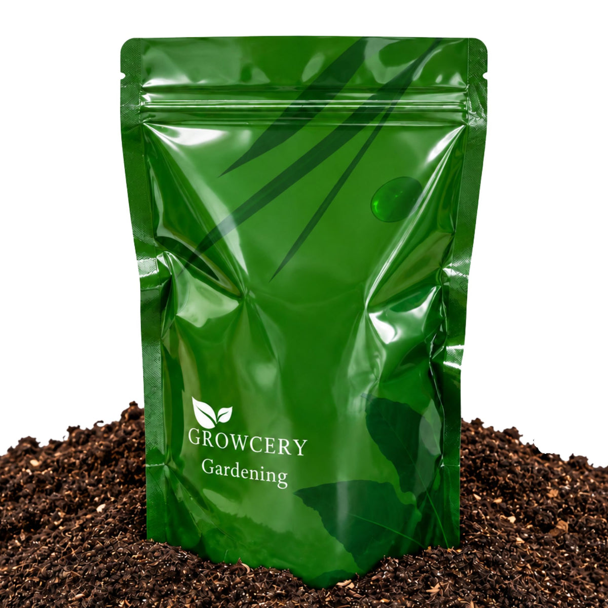 Premium Multipurpose Compost in a green pouch placed on rich soil for gardening.